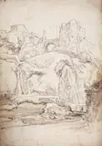Karel Dujardin, SOUTHERN LANDSCAPE WITH CASTLE AND BRIDGE, Chalk with brush and grey was
