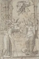 DESIGN FOR AFRONTISPIECE by Florentine School 17th century, Pen and black ink, heightened with white, on brown paper, sold Nov 2012