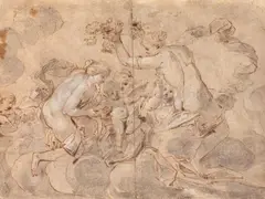 attributed to Jacob de Wit, CUPID SURROUNDED BY THE GRACES, Pen and brown ink with grey chalk on paper, mounted on card