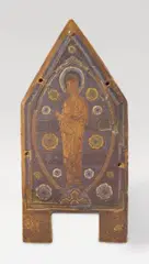 Limoges, circa 1200, A LIMOGE ENGRAVED AND ENAMALED COPPER BOARD OF A RELIQUIARY, Kupfer, Email mit Verlusten, auf Holzplatte