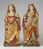 Swabia, second half 15th Century, A PAIR OF SWAIBAN CARVED WOOD HIGH RELIEF FIGURES OF SAINT DOROTHEA AND SAINT BARBARA, SECOND HALF 15TH CENTURY, Paar Reliefs, Holz, übergangene Fasung