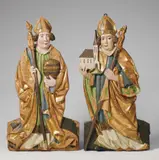 Swabia, second half 15th Century, A PAIR OF SWABIAN CARVED WOOD HIGH RELIEF FIGURES OF BISHOPS, Reliefs, Holz, Teste älterer Fassung in weiten Teilen übergangen