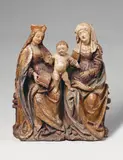 A LATE 15TH CENTURY CARVED WOOD HIGH RELIEF GROUP OF ANNA SELBDRITT, PROBABLY UPPER RHINE-REGION by Probably Upper Rhine-Region, late 15th century, Holz, ältere Fassung, Verlust in der Mitte hinterlegt, sold Nov 2012