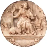 Netherlands, 17th Century, A 17TH CENTURY NETHERLANDISH ALABASTER FIGURE OF SAINT JOHN, kleines Alabasterrelief, Bestoßungen, Holzrahmen