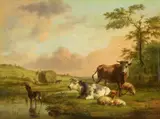 Balthasar-Paul Ommeganck, LANDSCAPE WITH HAY HARVEST AND ANIMALS, Oil on panel (parqueted)