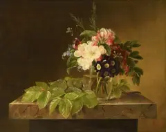 Hanne Hellesen, FLOWERS IN A GLASS VASE ON A MARBLE TABLE, Oil on canvas (relined)