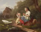 Hermann  Werner, THE GIRL AND THE GOOSE MOTHER, Oil on canvas (relined)