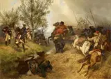 Emil Hünten, A SKIRMISH BETWEEN PRUSSIAN INFANTRY AND COSACKS IN THE BATTLE OF ZORNDORF 1758, Oil on canvas