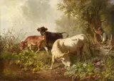 Anton Braith, SHEPHERD BOY AND CATTLE, Oil on canvas (relined)