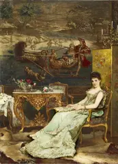 Jan Verhas, INTERIOR OF A SALON WITH A LADY HOLDING A FAN, Oil on canvas