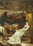 Jan Verhas, INTERIOR OF A SALON WITH A LADY HOLDING A FAN, Oil on canvas