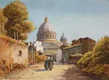 Ettore Roesler Franz, ROMAN STREET WITH VIEW OF THE CUPOLA OF SAINT PETER´S BASILICA, Watercolour on paper