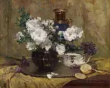 Marie De Bièvre, STILL LIFE WITH WHITE AZALEA, VIOLA AND LEMON, Oil on canvas