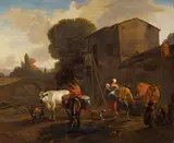 LANDSCAPE WITH PEASANTS IN FRONT OF A HOUSE by studio of Nicolaes Berchem, Oil on canvas (relined), sold Sep 2012