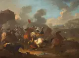 Jacques Courtois, called Le Bourguignon, attributed to, LANDSCAPE WITH CAVALRY BATTLE, Oil on copper