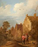 VILLAGE ROAD WITH PEASANTS AND A DOG by Dutch School of the 17th century, Oil on panel, sold Sep 2012