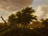 WOODED LANDSCAPE by follower of Meindert Hobbema, Oil on panel, sold Sep 2012