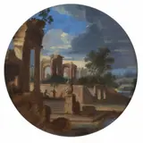 LANDSCAPE WITH ANTIQUE RUINS by Italian School of the 17th century, Oil on panel. diametre, sold Sep 2012