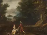 follower of David Vinckboons, WOODED LANDSCAPE WITH COURTLY COUPLE AFTER HUNTING, Oil on canvas (relined)