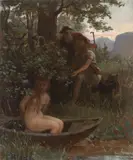 Karl von Blaas, FEMALE NUDE AND TWO SHEPHERDS UNDER A TREE, Oil on canvas