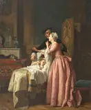 Jean Carolus, INTERIOR WITH PARENTS AND CHILD, Oil on canvas, mounted on wood