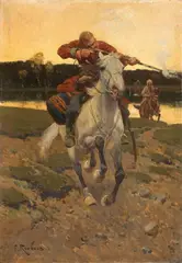 Franz Alekseyevich Roubaud, CIRCASSIAN HORSEMEN, Oil on canvas, mounted on cardboard