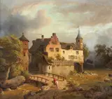 Heinrich von Rustige, VILLAGE BY A RIVER, Oil on hardboard