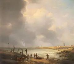 Eugène Verboeckhoven, COASTAL LANDSCAPE WITH FISHERMEN AND HORSE, Oil on panel