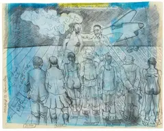 Jörg Immendorff, Ohne Titel (Aus der Serie: The Rake's Progress) / Untitled (From the series: A Rake's Progress), Watercolour and pencil on sturdy chamois cardboard with irregulary cut upper margin