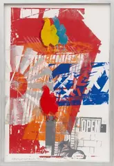 Cock Sure by Robert Rauschenberg, Color screenprint, fire wax, silver pigment dust and acrylic on cardboard, sold May 2012
