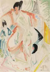 Ernst Ludwig Kirchner, Frau und nackte Frau im Atelier (Woman and naked Woman in the Studio), Watercolour and pencil drawing on heavy chamois-coloured wove paper