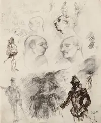 Faces and Knights by James Ensor, Double-sided sketch. Pencil, pen and ink as well as black crayon on plain, blue lined paper, sold May 2012