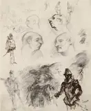 James Ensor, Faces and Knights, Double-sided sketch. Pencil, pen and ink as well as black crayon on plain, blue lined paper