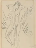Erich Heckel, Zwei stehende Mädchen (Two Girls Standing), Greyish-black chalk drawing on plain, smooth machine-made paper (with horizontal, regular rib pattern)