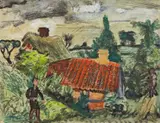 Erich Heckel, Bauernhaus (Farmhouse), Mixed technique (gouache, ink brush, charcoal) on chamois-coloured laid paper