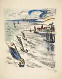 Max Pechstein, Boote auf dem Haff (Boats on the Haff), Lithograph, watercoloured, on smooth laid paper