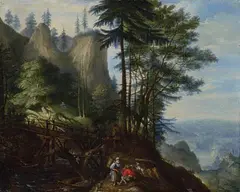 Roelant Savery, BOHEMIAN MOUNTAINSCAPE WITH A BRIDGE, TORRENT AND RESTING PEASANTS, Oil on copper