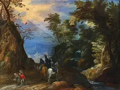 attributed to Joos de Momper, LANDSCAPE WITH SOLDIERS, Oil on copper