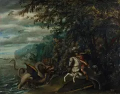 Flemish School circa 1610, LANDSCAPE WITH SAINT GEORGE AND THE DRAGON, Oil on copper