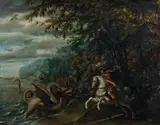 Flemish School circa 1610, LANDSCAPE WITH SAINT GEORGE AND THE DRAGON, Oil on copper