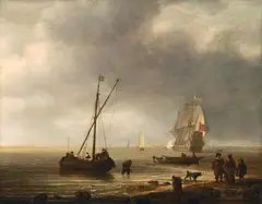 Simon de Vlieger, COASTAL LANDSCAPE WITH SAILING SHIP AND BOATS, Oil on panel (parquetted)