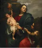 workshop or follower of Anthonis van Dyck, THE HOLY FAMILY WITH THE INFANT SAINT JOHN, Oil on canvas (relined)