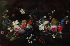 Daniel Seghers, GARLAND OF FLOWERS AGAINST A DARK BACKGROUND, Oil on panel