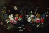 Daniel Seghers, GARLAND OF FLOWERS AGAINST A DARK BACKGROUND, Oil on panel