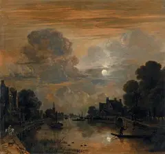 Aert van der Neer, RIVERSCAPE IN THE MOONLIGHT, Oil on panel