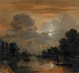 Aert van der Neer, RIVERSCAPE IN THE MOONLIGHT, Oil on panel