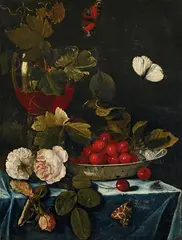 Harmen Loeding, STILL LIFE WITH ROSES, ROEMER AND A CHINESE BOWL WITH CHERRIES, Oil on panel