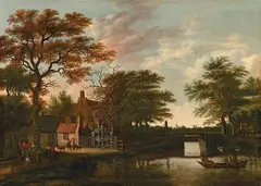 Pieter van Asch, EVENING LANDSCAPE WITH A FARM HOUSE AND A BRIDGE, Oil on panel