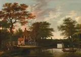 Pieter van Asch, EVENING LANDSCAPE WITH A FARM HOUSE AND A BRIDGE, Oil on panel