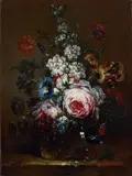 Nicolas Baudesson, ROSES, BINDWEED, TULIP, LARKSPUR AND OTHER FLOWERS IN A VASE, Oil on canvas (relined)